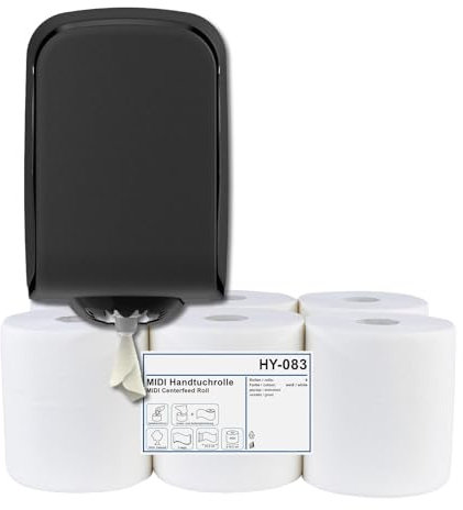 HypaFol Handtuchrollenspender Set – Centerpull Maxi schwarz matt + 6 Handtuchrollen, 2-lagig, Zellstoff, Ø 19 cm, für Gewerbe & öffentliche Einrichtungen