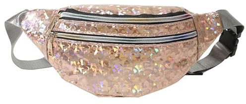 MUNSKT Glänzende Hüfttasche mit verstellbarem Gurt, 3 Fächer, glatter Reißverschluss, wasserdichte Bauchtasche, heller Laserblitz für Party, Karneval, Sommer, champagnerfarben, 30 x 7 x 14 cm