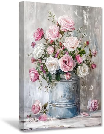 CXHOSTENT Rosen-Leinwandbild Vintage-Blumenbilder rosa Blumengemälde Druck Retro-Botanische Drucke rustikales Landhaus-Schlafzimmer-Bürodekor gerahmt (60L x 40B cm)
