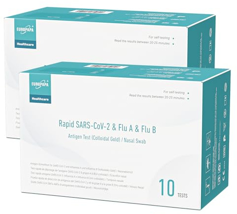 EUROPAPA 20x Corona Laientest Schnelltest und Grippe Test auf Covid-19 und Influenza A/B, Antigentest Selbsttest SARS-CoV-2 Flu A Flu B 3in1 Combo Rapid Test Cassette, für Zuhause, Einzelverpackt