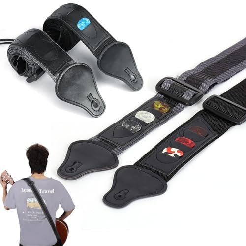 KYLOS 2er Set Gitarrengurte aus Geflochtenem Nylon, Verstellbarer Gurt mit Leder-Enden & 6 Plektrumhaltern, Für E-Gitarre, Akustikgitarre & Bass, Schwarz