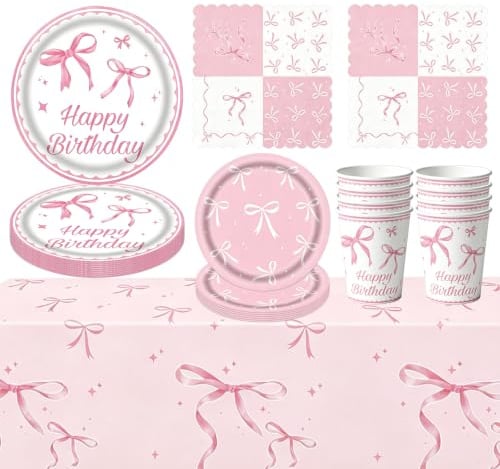 Wiederverwendbar Rosa Schleifen Design Geburtstag Party Geschirr Set | Geburtstagsdeko-Set, bestehend aus Papptellern, Pappbechern, Taschentüchern und Tischdecke