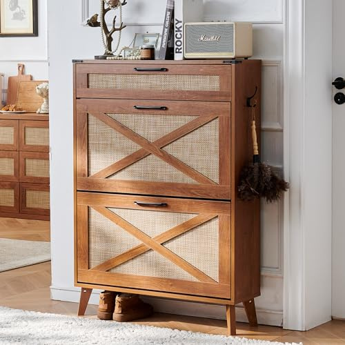 LELELINKY Narrow Slim Shoe Rack Storage Cabinet with for Hallways, Brown | Boho, 16-20 Pairs Shoes, Hidden Shoe with Wood Legs , Large Drawers, for Entryway, Hallway, 31.5'' W X 9.44'' D X 45.47''H