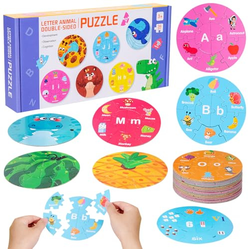Buchstaben Spiel Puzzle,Alphabet Spiel,ABC Buchstaben Lernspiele Ab 3-8 Jahre,Bunte Doppelseitige Alphabet Tiere Puzzle,Lernspielzeug Ab 3 Jahre Einschulung für Kleinkinder Und Vorschulkinder