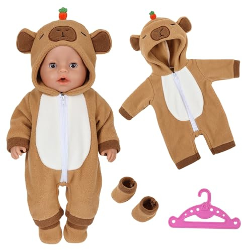 Puppen Kleidung für 14-18 Zoll Baby Puppen, Puppenkleidung 43 cm Enthält 1 Brauner Cartoon Tier-Onesie 1 Braune Schuhe 1 Kleiderbügel für 35-45cm Puppen Zubehör Kinder Geschenk