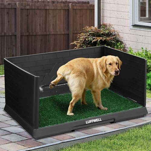 LUFFWELL 3-seitige Hundetoilette mit Tablett & abnehmbarem Graspolster, Indoor-Hundetöpfchen mit ausziehbarer Schublade für einfache Reinigung, Kunstrasen-Patch für kleine und mittelgroße Hunde