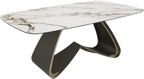 DELIFE Esszimmertisch Edge Boot Keramik Calacatta Luxe Weiß-Gold-Grau 200x100 W-Gestell Metall Effektfinish Titan