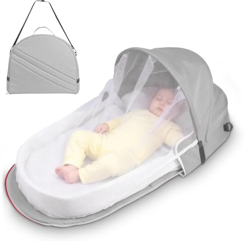 WoRaum Baby Nest,Baby Bettchen Nest, atmungsaktiver Babylounger,Portable Baby Reisebett mit Moskitohaube – Inklusive Matratze & Tragetasche – Leicht & Kompakt (Hellgrau)