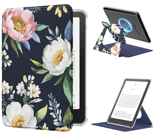MoKo Coque Pivotante à 360° pour 7 eBook Reader, Pivoine sur Bleu | Étui Protection à Dos Clair, Magnétique Détachable, Support Réglable, Auto Réveil/Sommeil, Pas pour TCL Remarkable Kobo