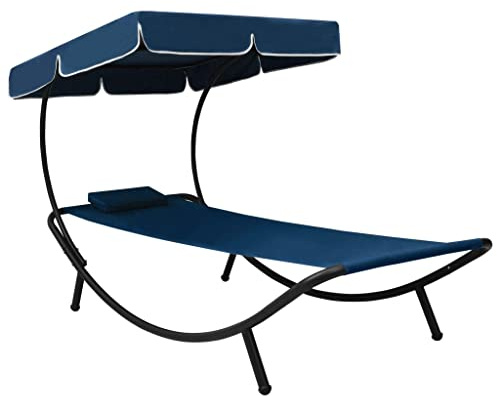 ZQQLVOO Sonnenliege mit Sonnendach und Kissen Blau, 4 Kissen, Outdoor Relax Liege mit großem Schutzdach für Garten Terrasse Strand