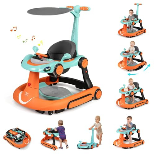FANTASK 7 in 1 Lauflernhilfe mit abnehmbarem Verdeck, Lauflernwagen höhenverstellbar mit Spielboard, Musik, Licht & Rädern, Gehfrei mit einstellbarer Geschwindigkeit für Baby ab 6 Monaten (Orange)