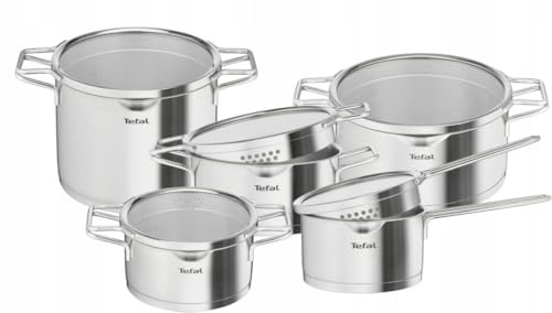 Tefal Nordica 10-teiliges Topfset, Kochgeschirr-Set, Stielkasserolle 16 cm + Kochtöpfe 18/20/22/24 cm aus Edelstahl + Glasdeckeln, Ausgießer, einfaches Abtropfen, Induktion
