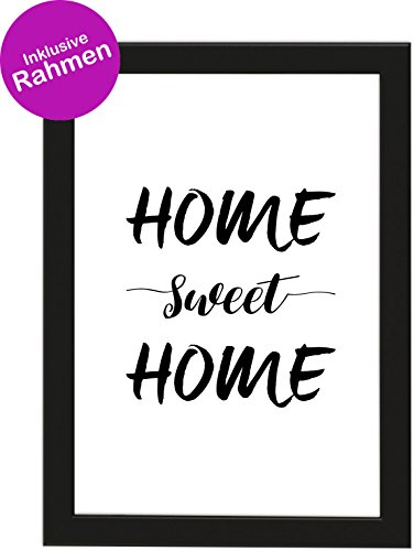 Deqosy Poster DIN A4 HOME sweet HOME, gerahmt mit schwarzem Bilderrahmen, Geschenk, Geschenkidee, Geburtstagsgeschenk, Poster mit Rahmen, Kunstdruck, Typographie (Home sweet Home)