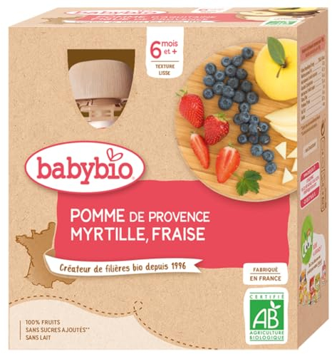 Babybio - Gourdes Fruits - Pomme Myrtille Fraise 4x90 g - 6+ Mois - BIO