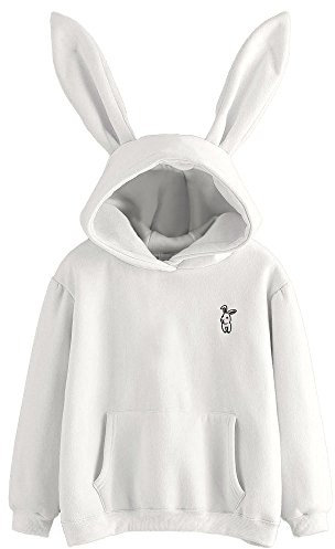 INLLADDY Kapuzenpullover Damen Mädchen Langarm Rundhals Süß Hasenohren Hoodie Einfarbig Kaninchen Druck Hoodie Tasche Sweatshirt Pullover mit Kapuzen (Weiß, S)