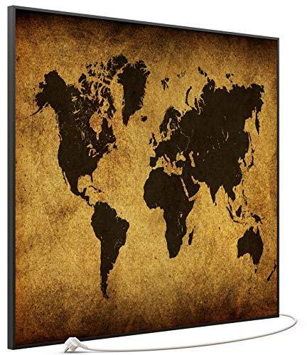 STEINFELD Bild Infrarotheizung mit Thermostat | Made in Germany | viele Motive 350-1200 Watt Rahmen schwarz (1200 Watt, 009 Weltkarte)