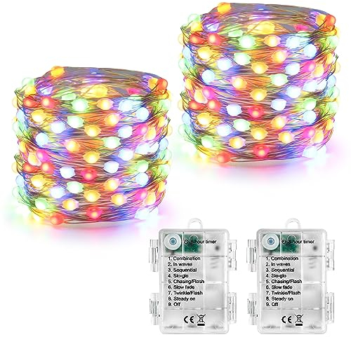 Joomer Lichterkette Batterie 5M, 2 Stück 50 LED Silberfaden Weihnachtsbeleuchtung Außen Timer, 8 Modi Lichterkette Weihnachtsbaum Weihnachtsdeko Wasserdicht für Innen Garten Party Festival Deko,Bunt