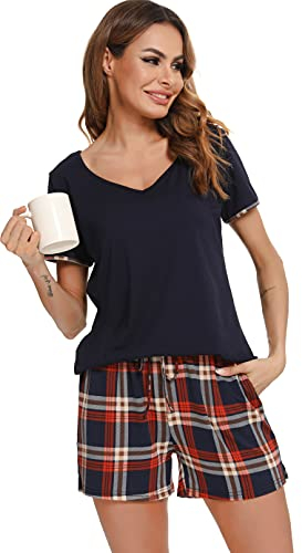 Vlazom Damen Pyjama Schlafanzug Kurz Sommer Pyjama Set Baumwolle Nachtwäsche Kurzarm V Aussschnitt Sleepwear mit Kordelzug & Seitentasche(L,Stil D-Blau)