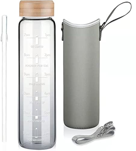 Ferexer 1 Litre Gourde en Verre Borosilicate avec Paille et Marqueur de Temps de Motiavation et Housse, 1l Bouteille d'eau en Verre, Sans BPA Noir dégradé