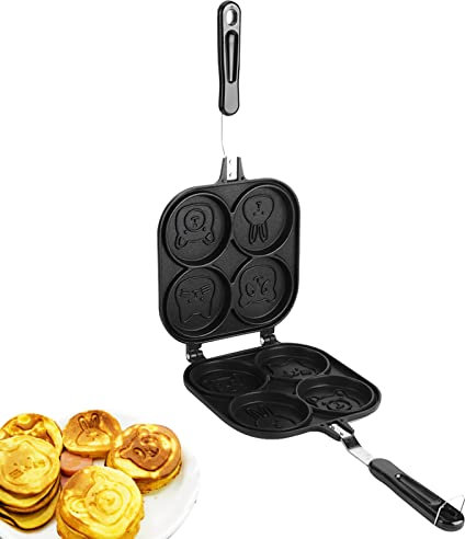 Cyrank Máquina para hacer tortitas redondas, sartén de aluminio para tortitas, moldes para tortitas, sartén antiadherente para huevos de 4 tazas con patrón de animales bonitos para niños