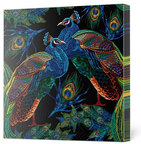 Maki Papierservietten, 3-lagig, Blumenmotiv, für Serviettentechnik, Mittagessen, 33 x 33 cm, 20 Stück (bestickte Pfauen mit Federn)