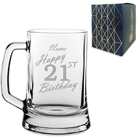 Personalised Engraved Tankard Beer Mug Stein Happy 21st Birthday Handwritten Design Gift Boxed, 16.75oz/495ml Classic Beer Glass, Any Name, Engraved in The UK