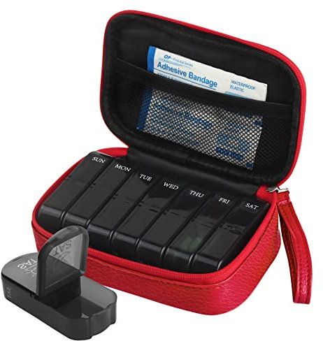 Pill Box 7 Day 2 Times a Day Weekly Pill Organiser with Portable Zipper PU Leather Bag BPA Free AM PM Travel Pill Dispenser for Medication Capsule Vitamins Fish Oils (Red)