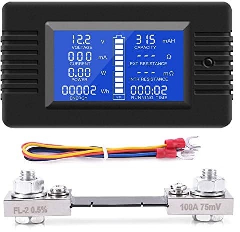 DC Shunt Battery Monitor Voltmetro DC 0-200V Shunt 100A Amperometro Digitale, Capacità della Batteria Misuratore, Multimetro Tensione Corrente per Batteria Auto RV Solare (PZEM-015+100A shunt)