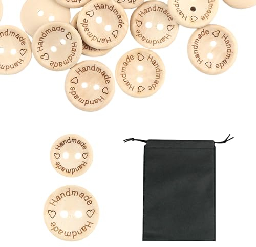 150 Stück Holzknöpfe mit 1 Knopf-Aufbewahrungstasche, runde Knöpfe, handgefertigte Knöpfe, Knöpfe mit handgefertigten Worten mit Liebe, Zwei-Ösen-Knöpfe