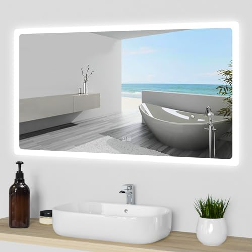 Acezanble Bathroom Mirror with LED Lights, Bluetooth Speakers Dimmable 3 Colors 1200x700mm Illuminated Bathroom Vanity Mirror Wall Mounted Demister Pad Switch IP44 Waterproof