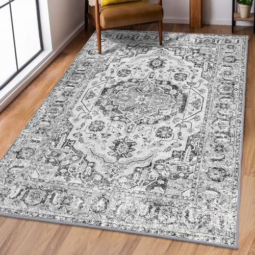 CAROMIO Groß Teppich Tohnzimmer, Traditioneller Marokkanischer Vintage-Teppich mit Medaillon im Distressed-Stil, Klassisch Boho Antik Weich Flach Wohnzimmerbereich Schlafzimmer Flur 140 x 200 Gray