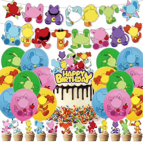 YCFAIIKG Smiling Juego de Accesorios para Fiestas Temáticas, Smiling Decoración de Cumpleaños,Smiling Globos, Cake Toppers,Pancartas, para Decoración de cumpleaños de niño niña