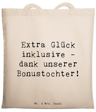 Mr. & Mrs. Panda Tragetasche Spruch Bonustochter Glück - Geschenk, Familie, Shopper, handgefertigt, Schultertasche, Jutetasche, Dankbarkeit,