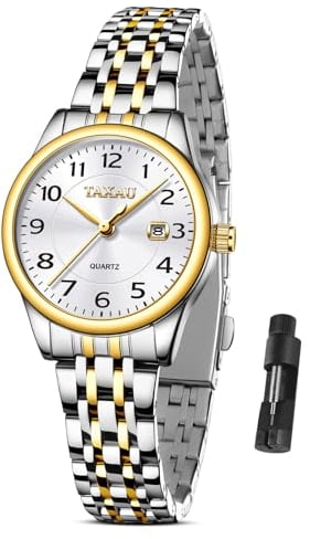 Taxau Armbanduhren Edelstahl Einfach Klein Zifferblatt - Damenuhr mit Datum Wasserdicht - Klassisch Uhr Damen Quarzuhr Gold Silber Womens Watch