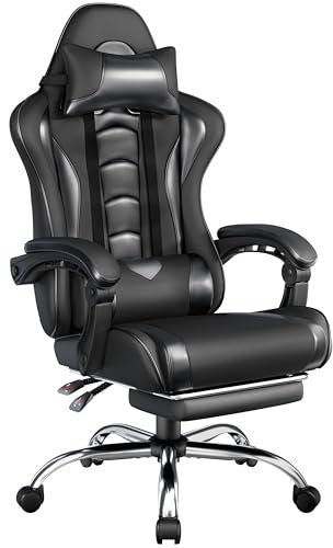 Yaheetech Sedia Gaming Ergonomica Massaggiante Reclinabile con Poggiapiedi Poggiatesta e Supporto Lombare Braccioli Imbottiti in Finta Pelle, Poltrona Gamer da Scrivania con Ruote Girevole Nero
