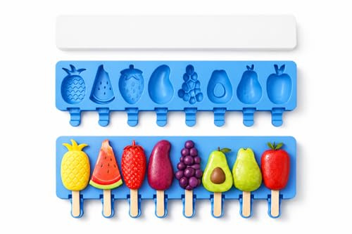 Molde Premium de Silicona para Helados – 8 cavidades para Helados Caseros | Reutilizable | Fácil de Desmoldar y Limpiar | Ideal para Niños | Libre de BPA (Frutas) | Incluye Ebook QR con recetas