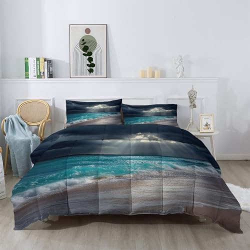 Bettdecke 155 x 220 cm 4 Jahreszeiten, Natur Waschbar Bettdecke ohne Bezug - Wellen Wolken Strand Weiche und Bequeme Ganzjahresdecke mit 2 Kissenbezug 80x80cm, Bunt