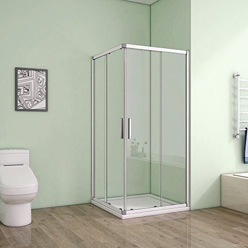 AICA 90 x 90 x 185 cm Duschkabine Schiebetür Eckeinstieg Duschabtrennung Duschwand aus 5mm ESG Sicherheitsglas Klarglas mit Duschtasse aus Kunststein mit Acrylbeschichtung