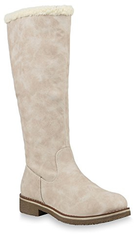 Klassische Damen Stiefel Warm Gefütterte Boots Winter Schuhe 153710 Creme Weiss 37 Flandell