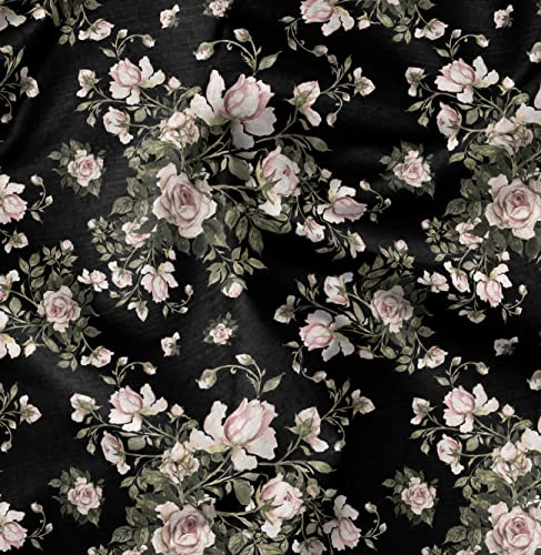 Soimoi Schwarz Baumwoll-Popeline Stoff Blutter & Rose Blumen- Dekor Stoff gedruckt 1 Meter 56 Zoll breit