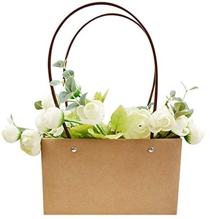 10pcs Kraft Paper Flower Gift Bags with Handle Waterproof Bouquet Carry Box Bag for Rose Carnations Hand Tied Floral Arrangement Plant Carrier Package Party Bag