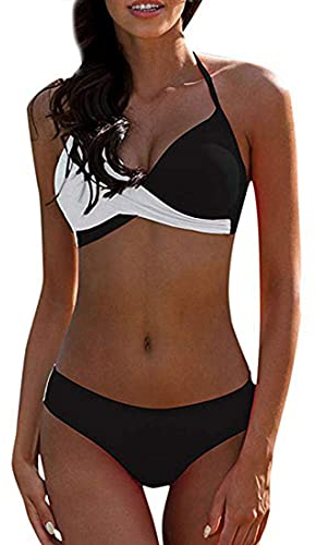 CheChury Donna Costume da Bagno Push Up Imbottito Reggiseno Bikini Due Pezzi Bikini Sexy Spiaggia Beachwear Swimwear Sportivo Mare Estate,Nero,M