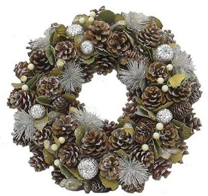 Muddy Hands 15 (38cm) Artificial Christmas Wreath Ring Xmas Wall Door Hanging Decoration (Silver Diamond Bauble & Cone)
