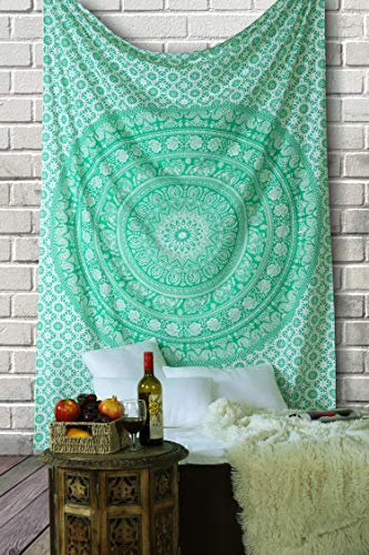 RAJRANG Wanddecke Mandala - Indischer dekorativer Strandtuch Elefant Wurfteppich - 152 x 127 cm - Grün