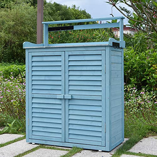 Outdoor Garden Storage Shed Wooden Chest Double Doors With 2 In 1 Galvanized Roof+Hook,Blue