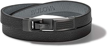 Bulova Jewelry Men's Latin Grammy Double Wrap Black Leather Bracelet with Diamonds and Clasp Closure