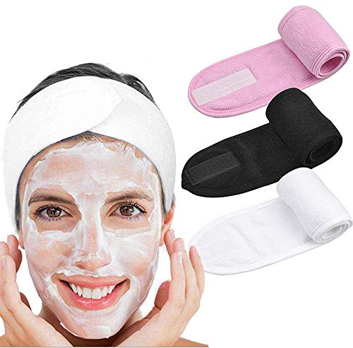 Voarge Lot de 3 bandeaux de maquillage réglables en éponge avec ruban adhésif magique pour le lavage du visage (Rose, noir, blanc)
