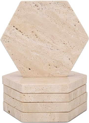 WORHE Lot de 5 Dessous-de-Verre en marbre Hexagonal en Pierre Naturelle Travertin crème pour Protection de Table, Pendaison de crémaillère, Bar, décoration pour Noël, Anniversaire (DL009)