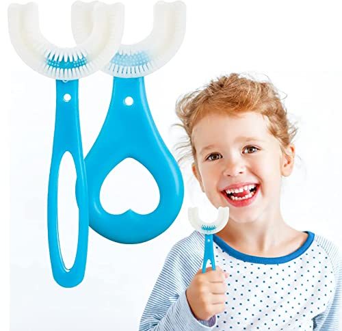 2pcs Kids U Shaped Toothbrush, Food Grade Soft Silicone Toothbrush Head Tooth Cleaning, 360° Oral Teeth Care Kids Toothbrushes, Whole Mouth Baby Toothbrush, 2-12 Years Old (Blue)