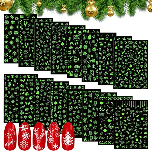 MWOOT 16 Stück Leuchtend Weihnachten Nagelsticker, Christmas Glow in The Dark Nail Art Stickers, 3D Nagel Abziehbilder Nagelaufkleber, Glühen Nagel Kunst Aufkleber für DIY Damen Mädchen Maniküre Dekor
